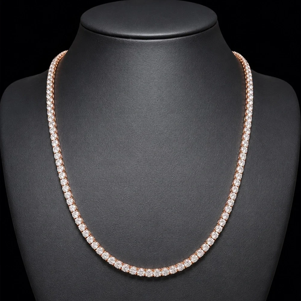 925 Sterling Silver Rose Gold 30.00CTW MOISSANITE Tennis Necklace Size 22”
